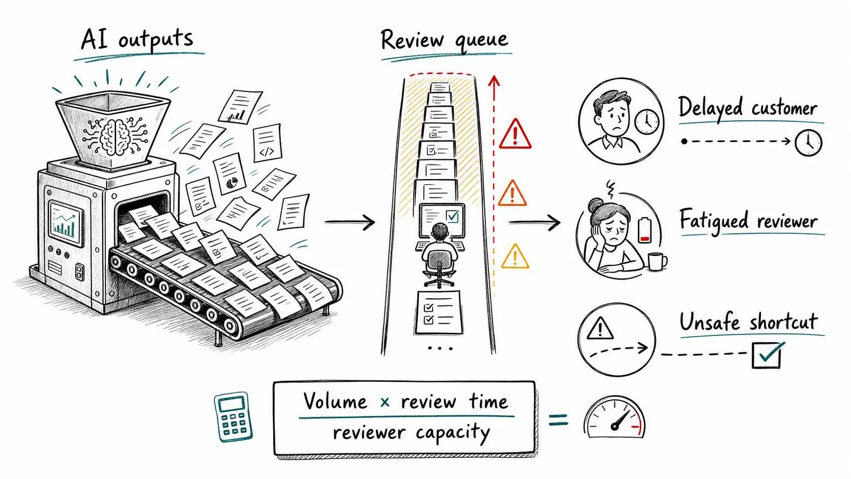 AI output factory feeding a narrow human review queue that backs up into delay, fatigue, and unsafe shortcuts