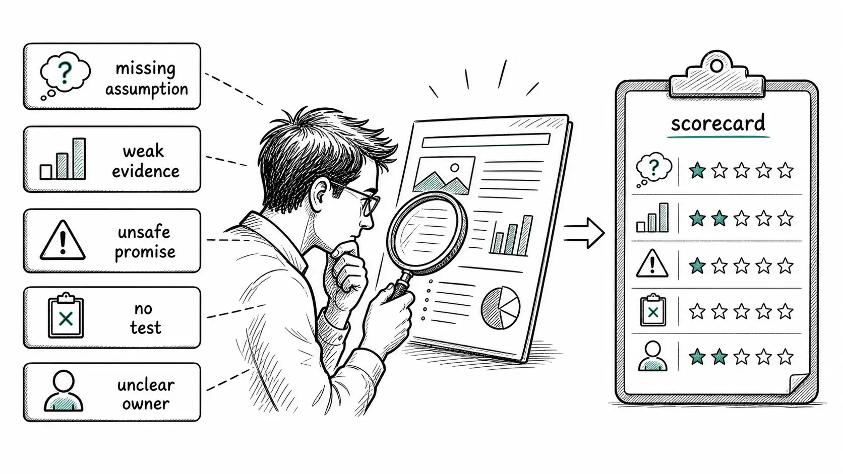 Candidate reviewing an AI-generated artifact for weak evidence, unsafe promises, missing tests, and unclear ownership