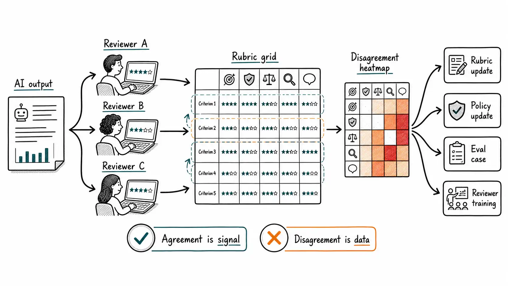 Three reviewers scoring one AI output against a rubric, feeding a disagreement heatmap and improvement routes
