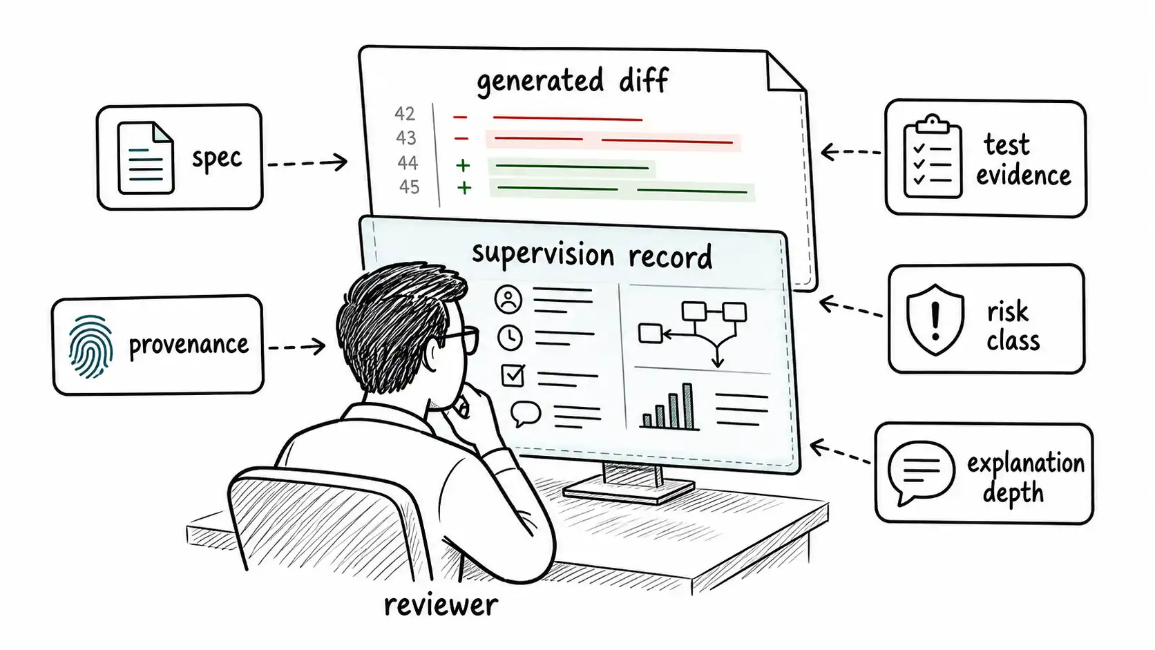 Reviewer inspecting a generated diff and a human supervision record with evidence callouts