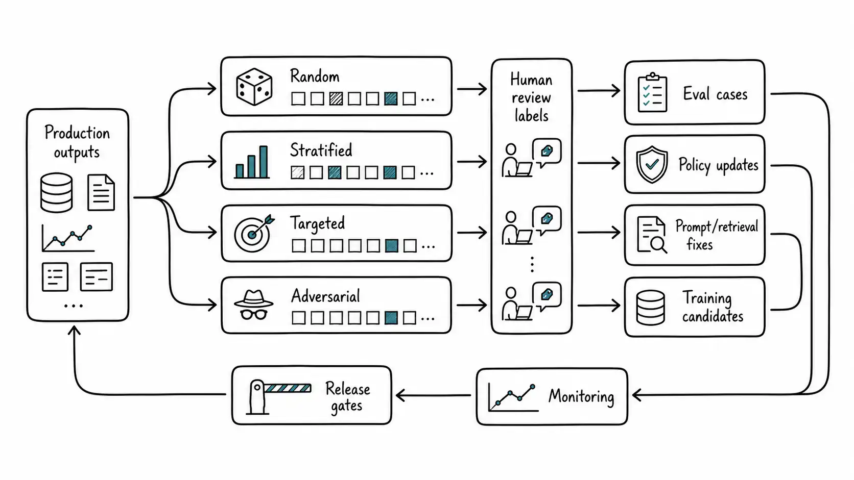 Production outputs sampled through random, stratified, targeted, and adversarial lanes into evals and learning feedback