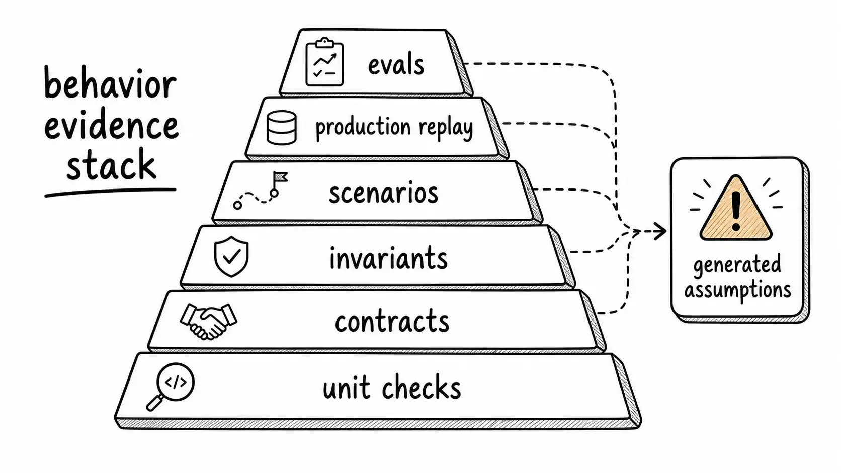 Behavior evidence stack with unit checks, contracts, invariants, scenarios, production replay, and evals