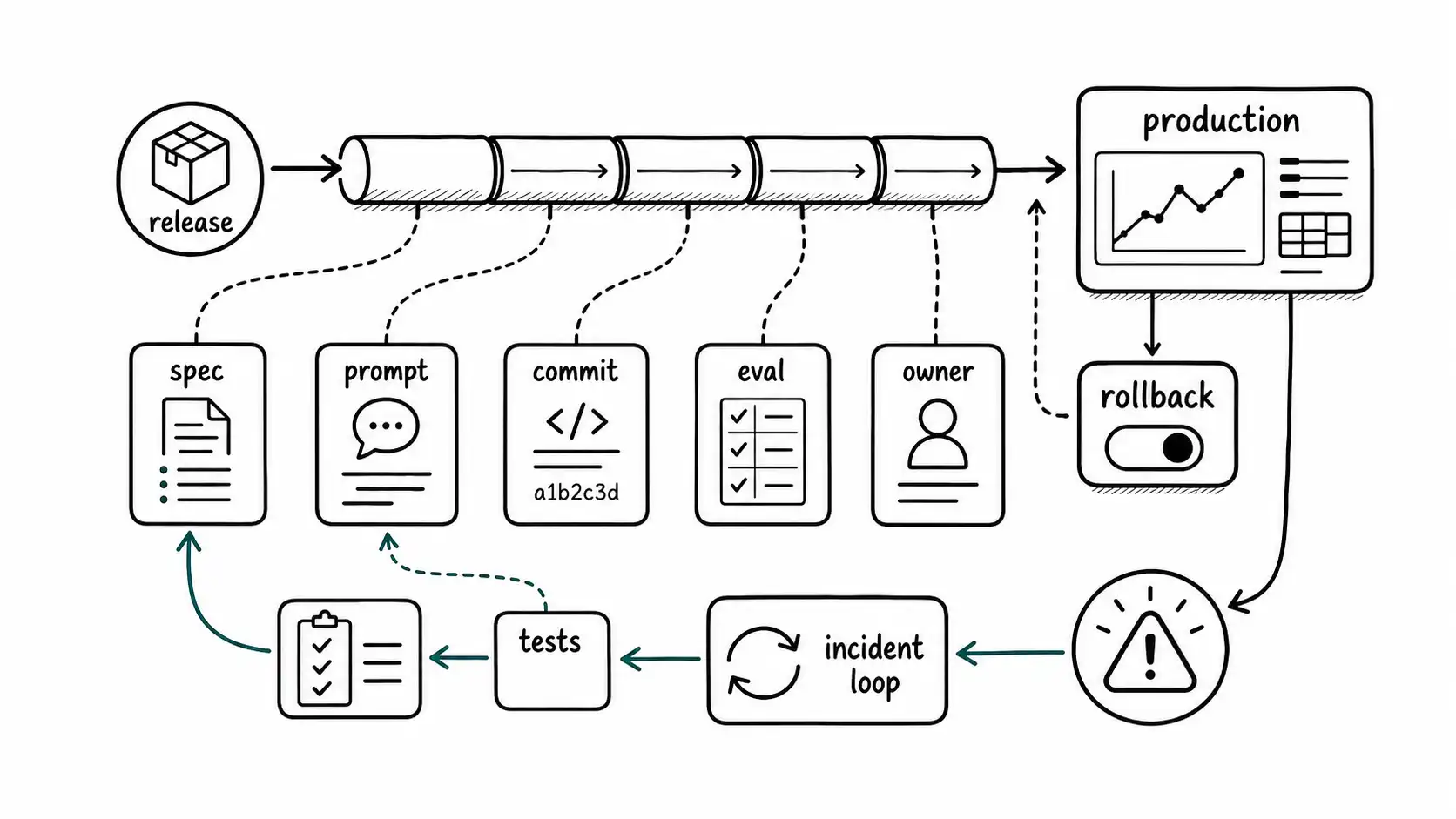 Release pipeline to production with trace links, rollback switch, and incident-learning loop