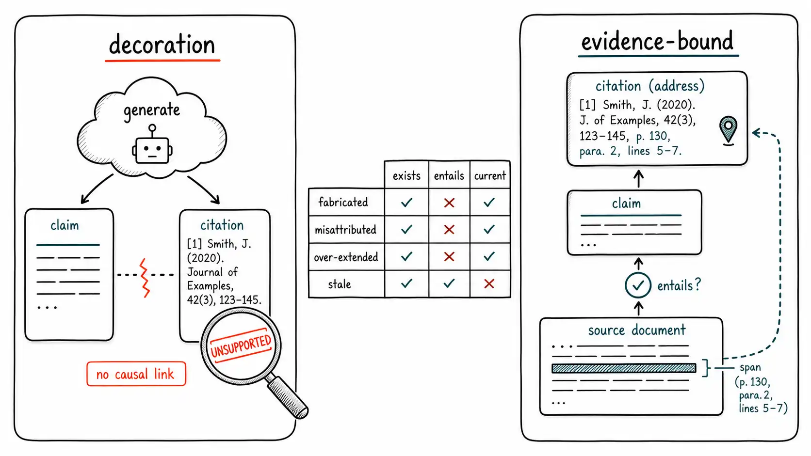 Whiteboard-style technical sketch infographic for A Citation Is Not Proof.