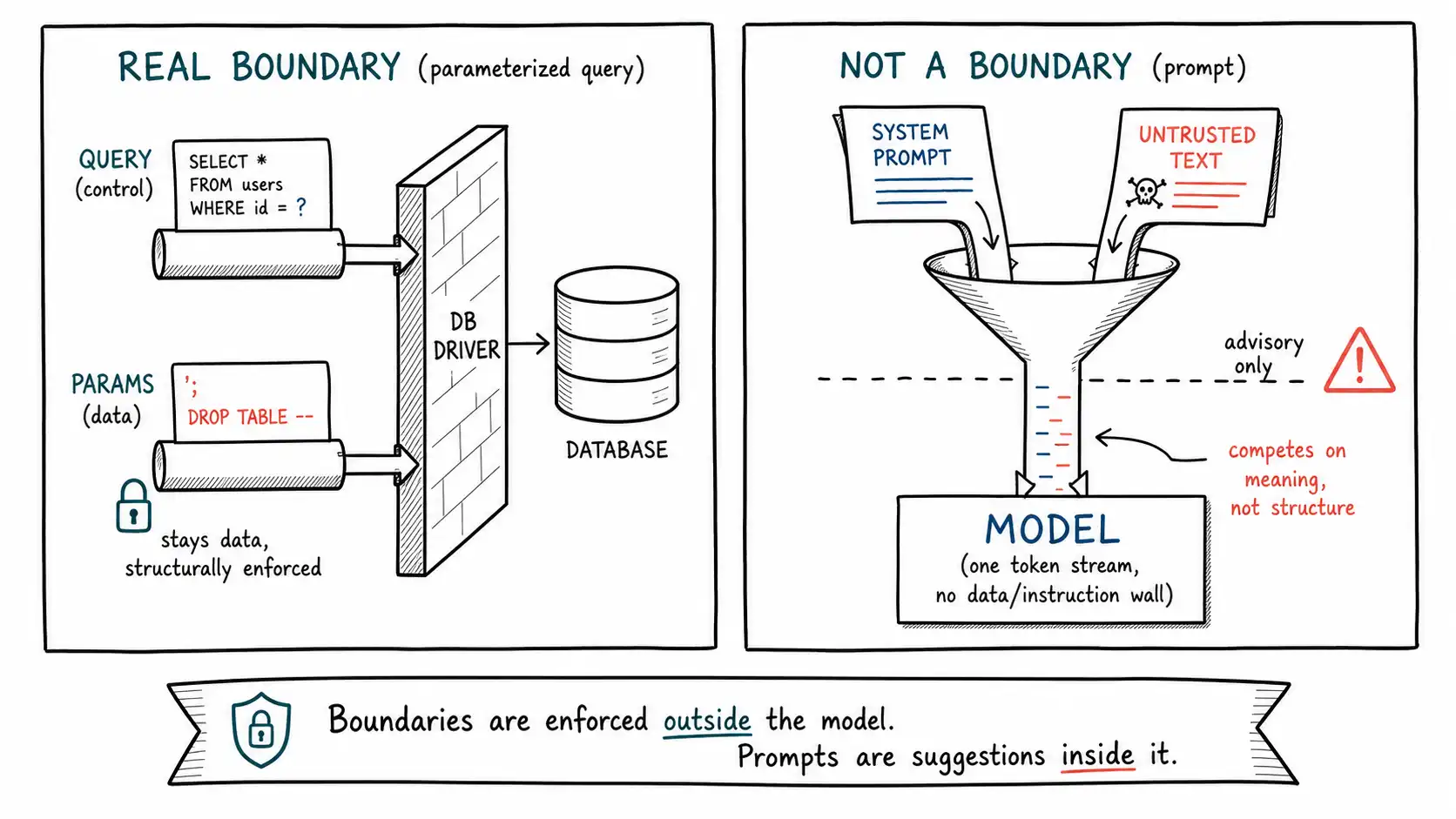 Whiteboard-style technical sketch infographic for A Prompt Is Not a Security Boundary.