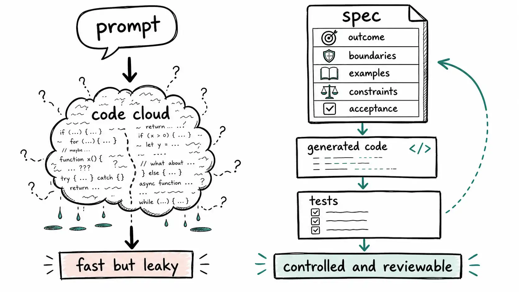 Whiteboard-style technical sketch infographic for A Prompt Is Not a Spec.