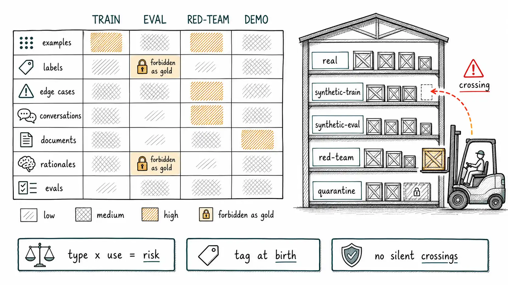 Whiteboard-style technical sketch infographic for A Taxonomy of Generated Data, and Why We Reach for It.