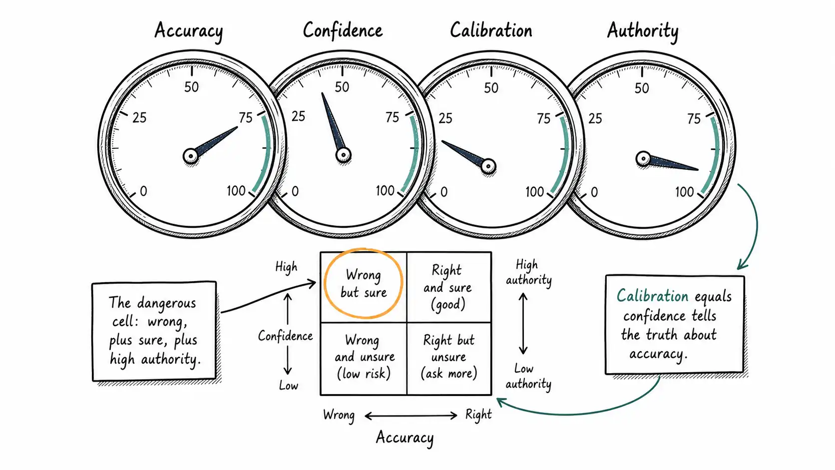 Four independent dials labeled accuracy, confidence, calibration, authority above a two-by-two grid with the dangerous cell circled