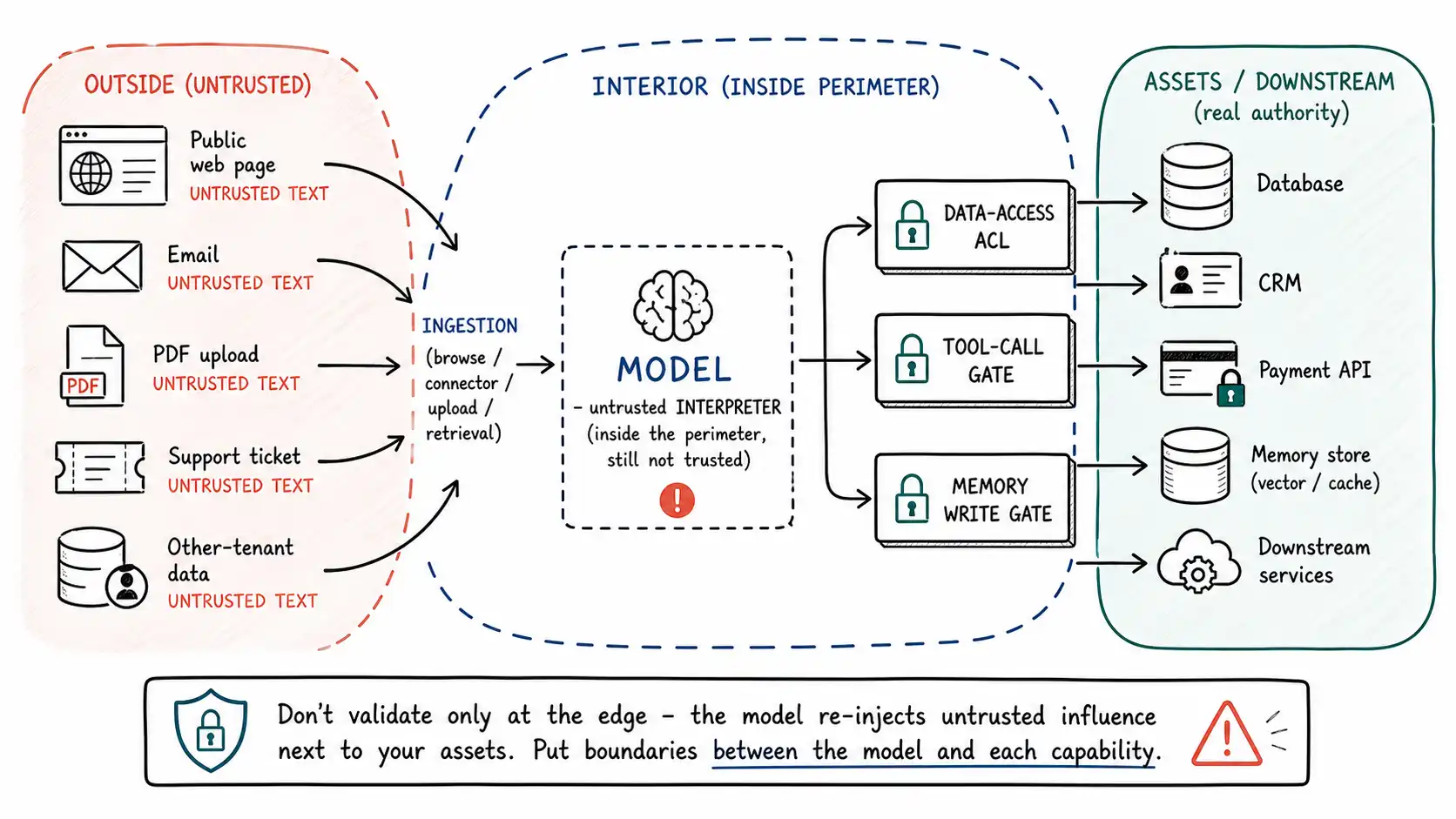 Whiteboard-style technical sketch infographic for Assets, Trust Boundaries, and the TRUST Framework.