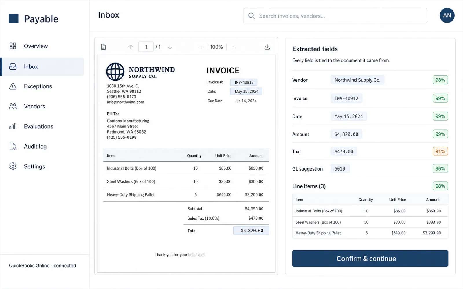Capture stage of the accounts payable console. Illustrative data.
