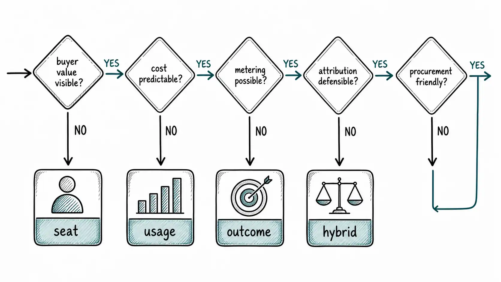 A value metric decision tree asking whether buyer value is visible, cost is predictable, metering is possible, attribution is defensible, and procurement is friendly