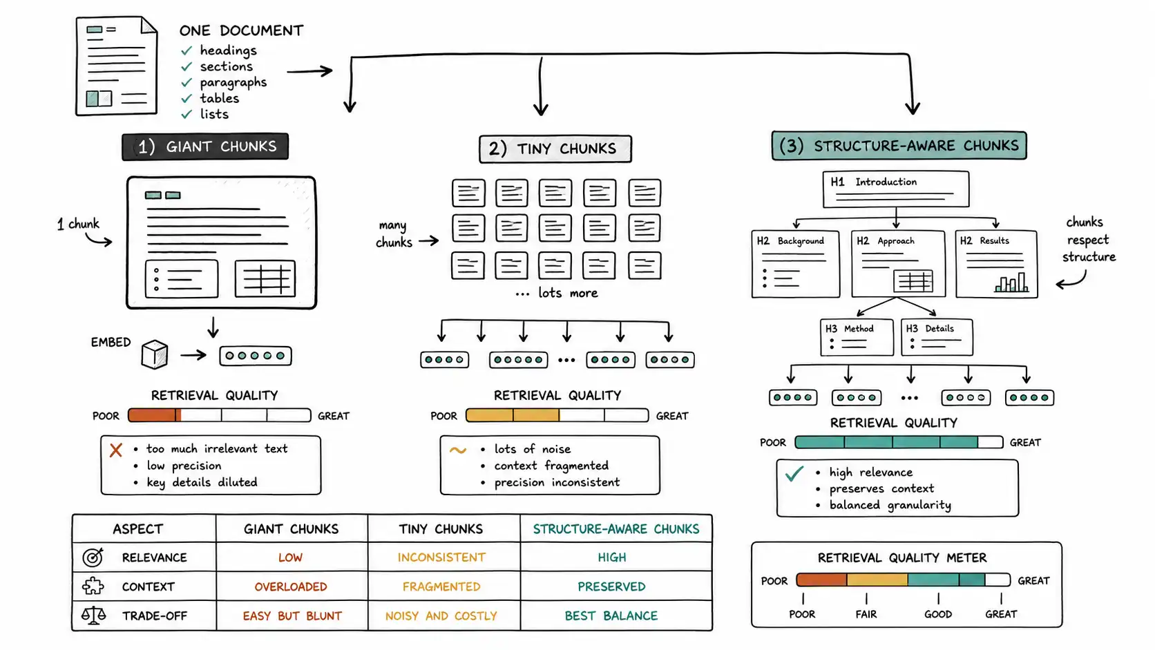Whiteboard-style technical sketch infographic for Chunking Is Where Retrieval Is Won.