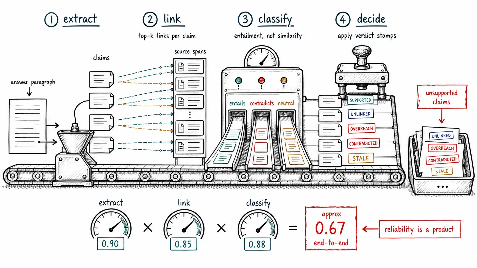 Whiteboard-style technical sketch infographic for Claim Extraction and Source-Span Verification.