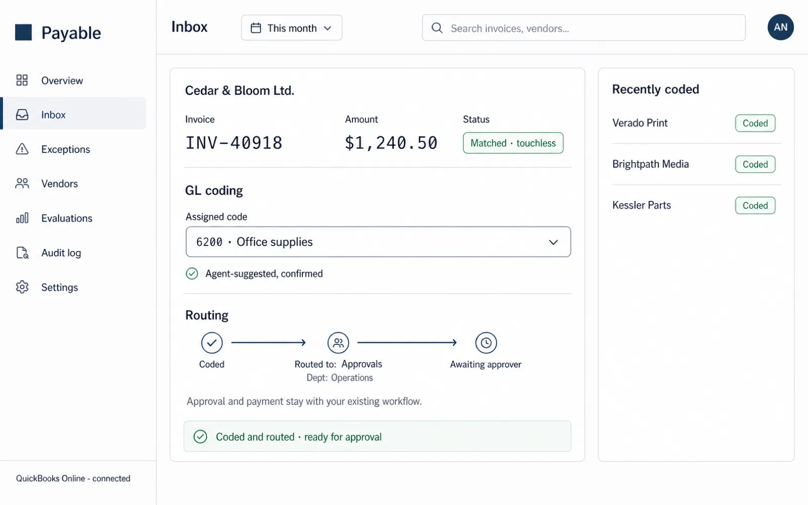 Code & route stage of the accounts payable console. Illustrative data.