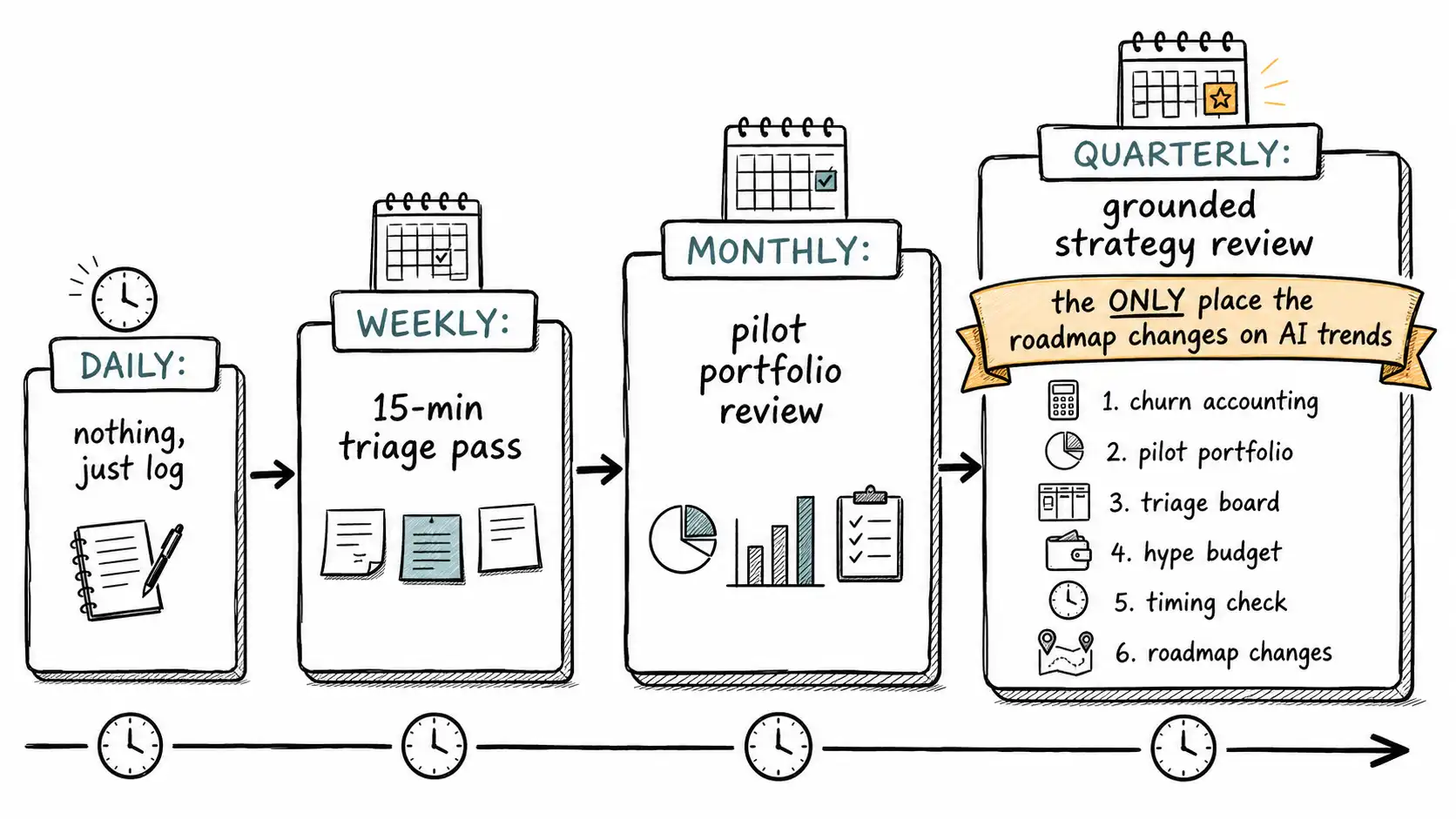 A grounded AI operating cadence calendar from daily nothing to a quarterly strategy review