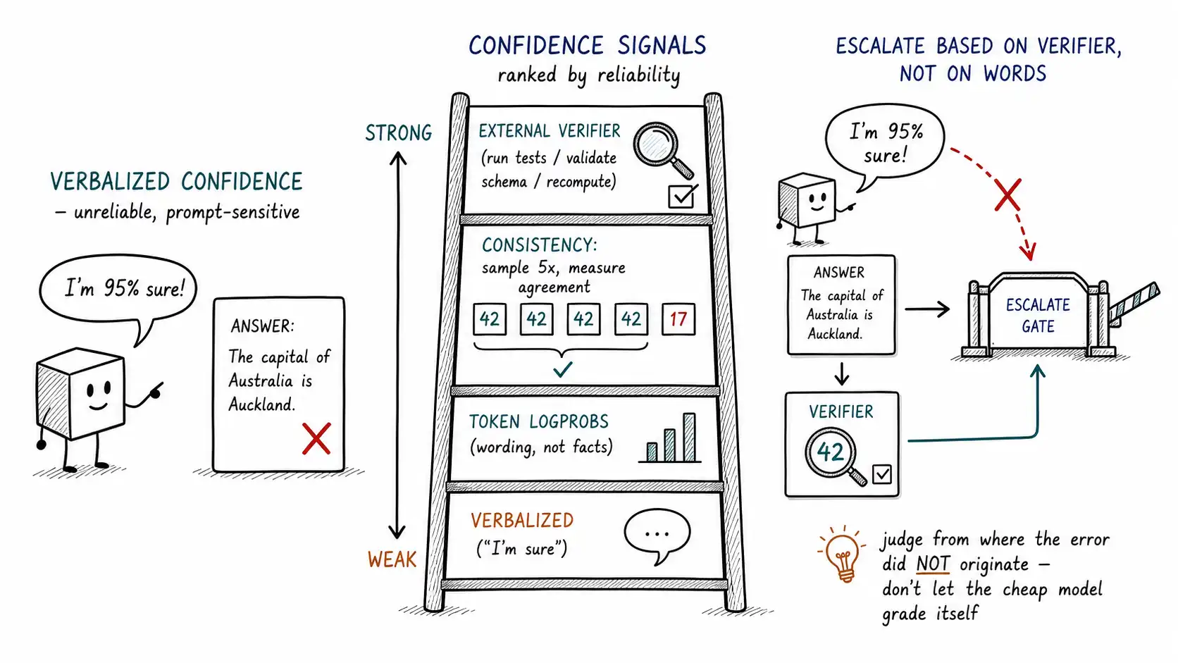 Whiteboard-style technical sketch infographic for Confidence, Self-Assessment, and Why Models Lie About Both.