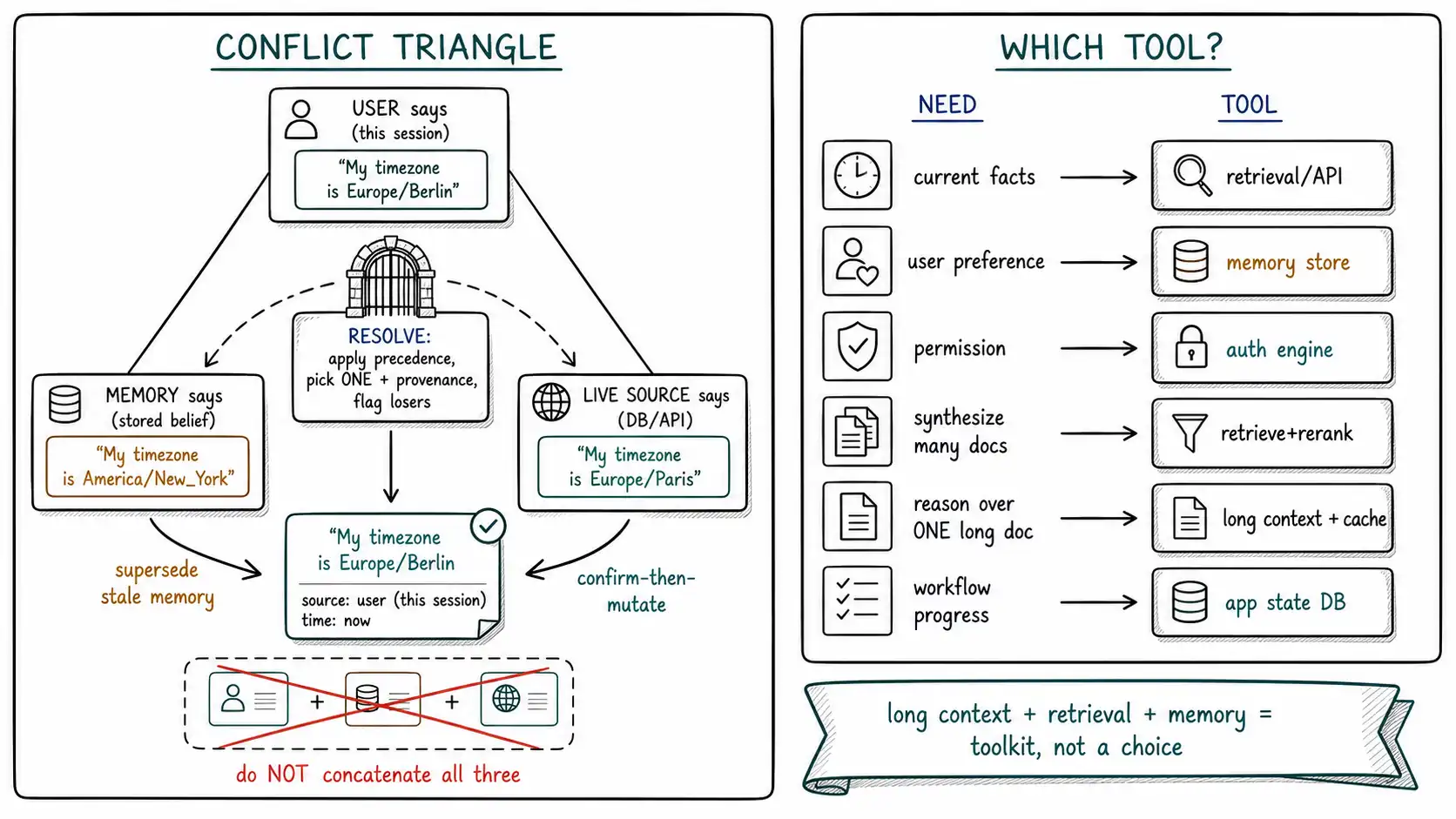 Whiteboard-style technical sketch infographic for Conflicts, Recency, and Knowing Which Tool to Reach For.