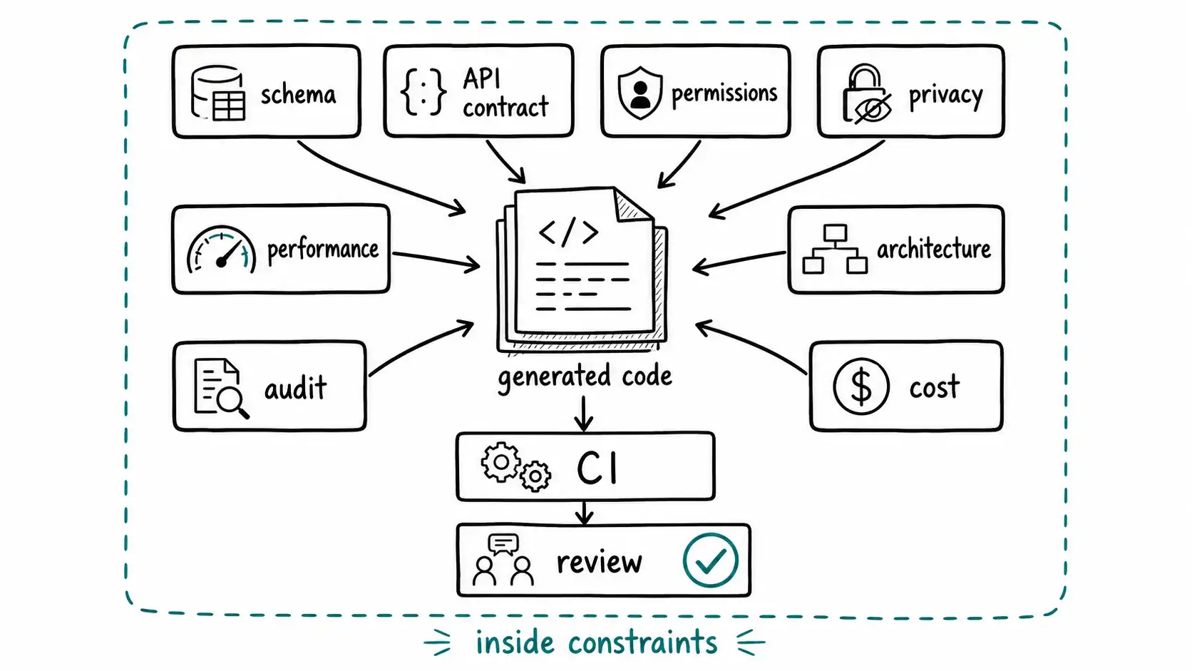 Whiteboard-style technical sketch infographic for Constraints as Source Code.