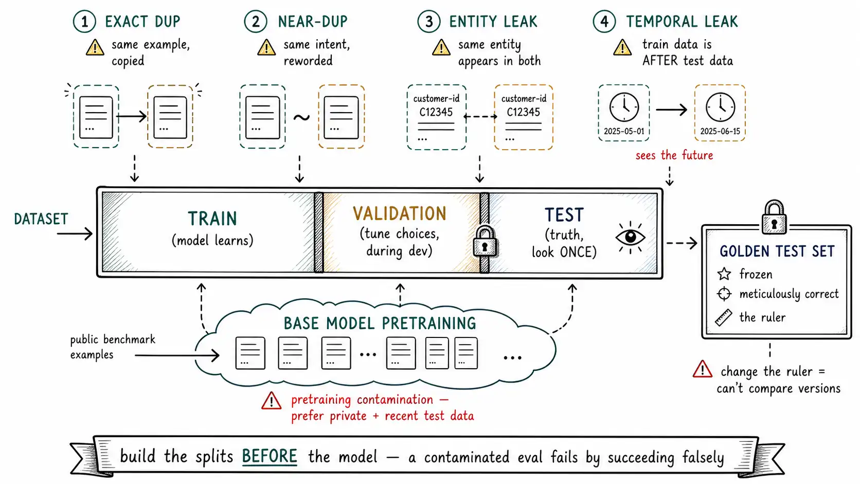 Whiteboard-style technical sketch infographic for Contamination, Leakage, and the Splits That Save You.