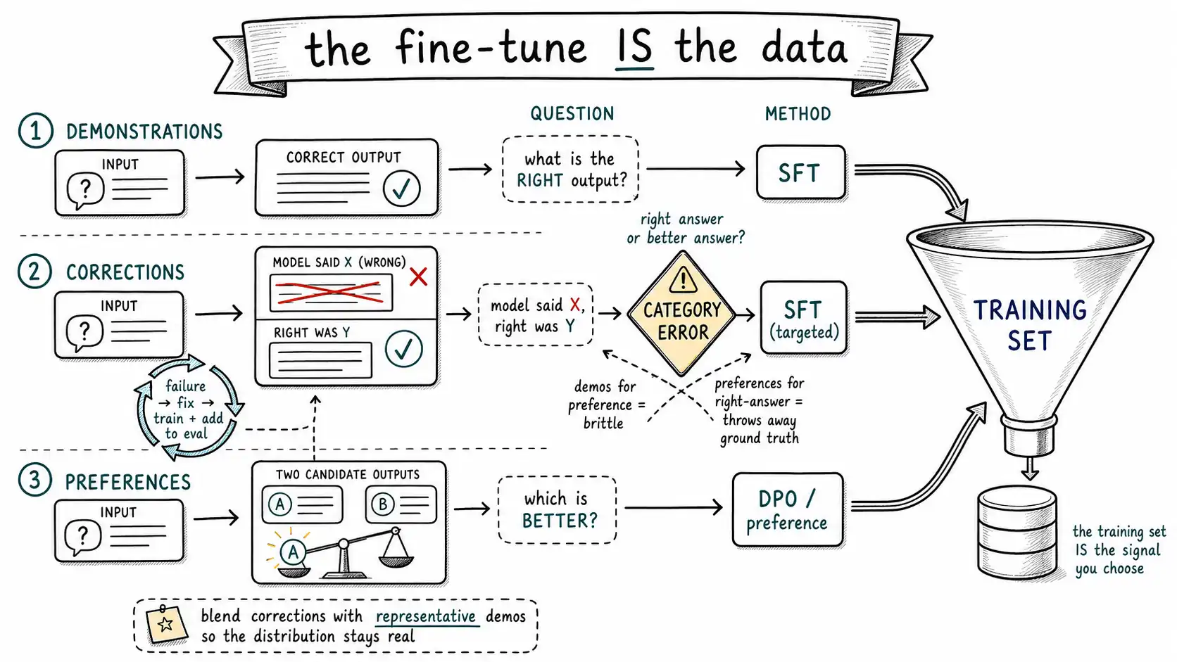 Whiteboard-style technical sketch infographic for Demonstrations, Corrections, and Preferences.
