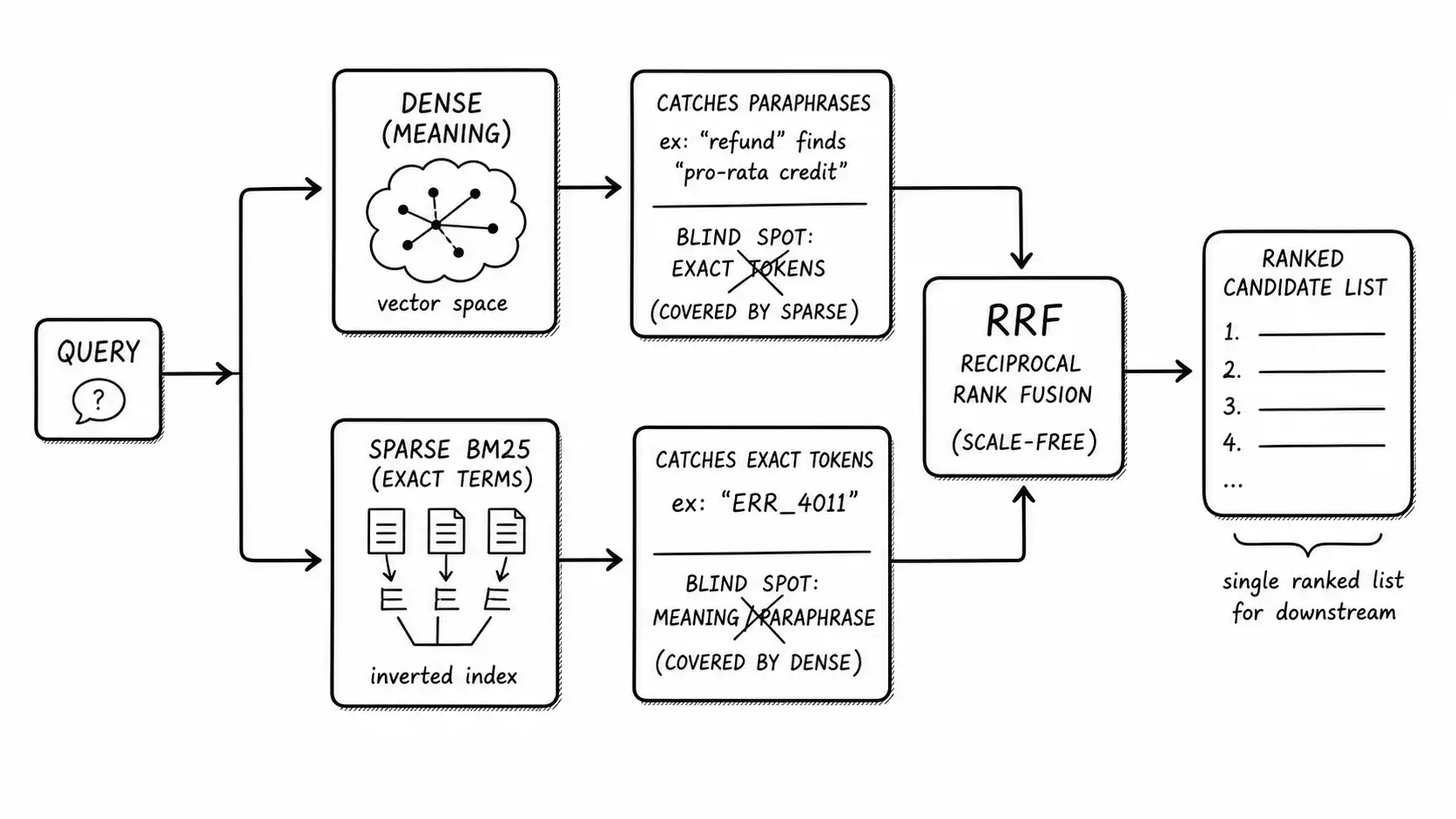 Dense and sparse retrieval pipes merging through Reciprocal Rank Fusion