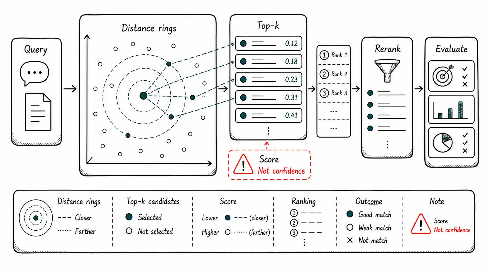 Whiteboard-style technical sketch infographic for Distance Is a Ranking, Not a Verdict.