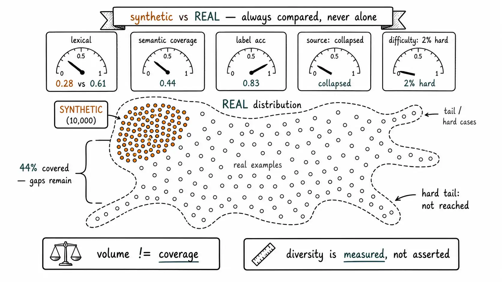 Whiteboard-style technical sketch infographic for Diversity Is a Measurement, Not a Vibe.