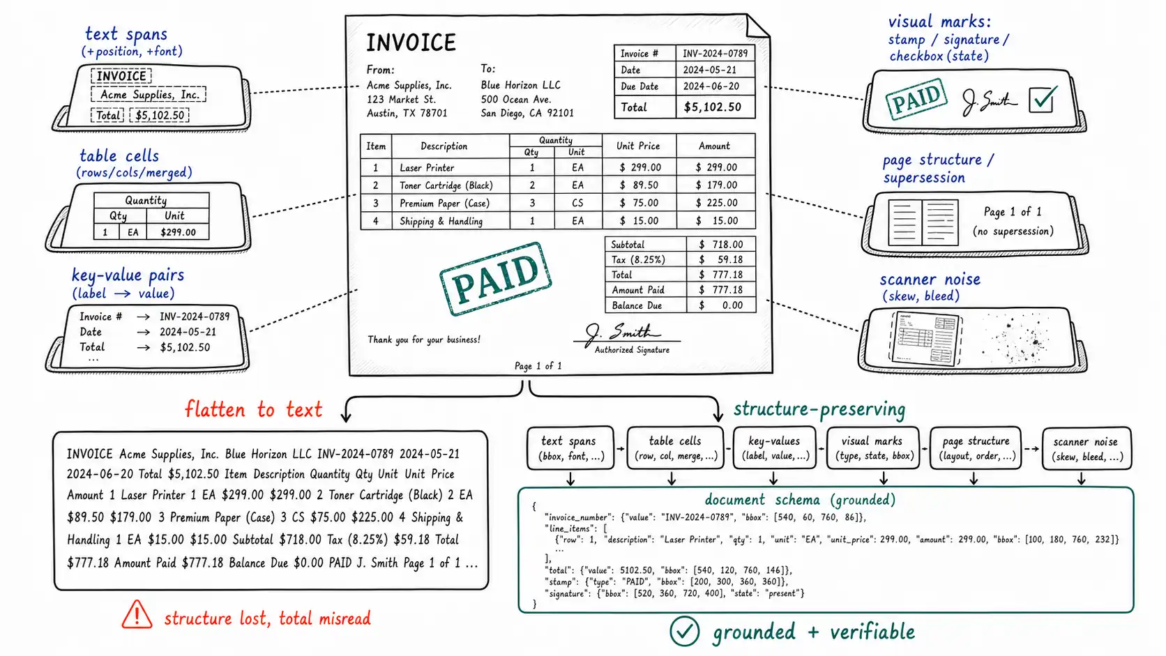 Whiteboard-style technical sketch infographic for Documents Are Multimodal Objects.