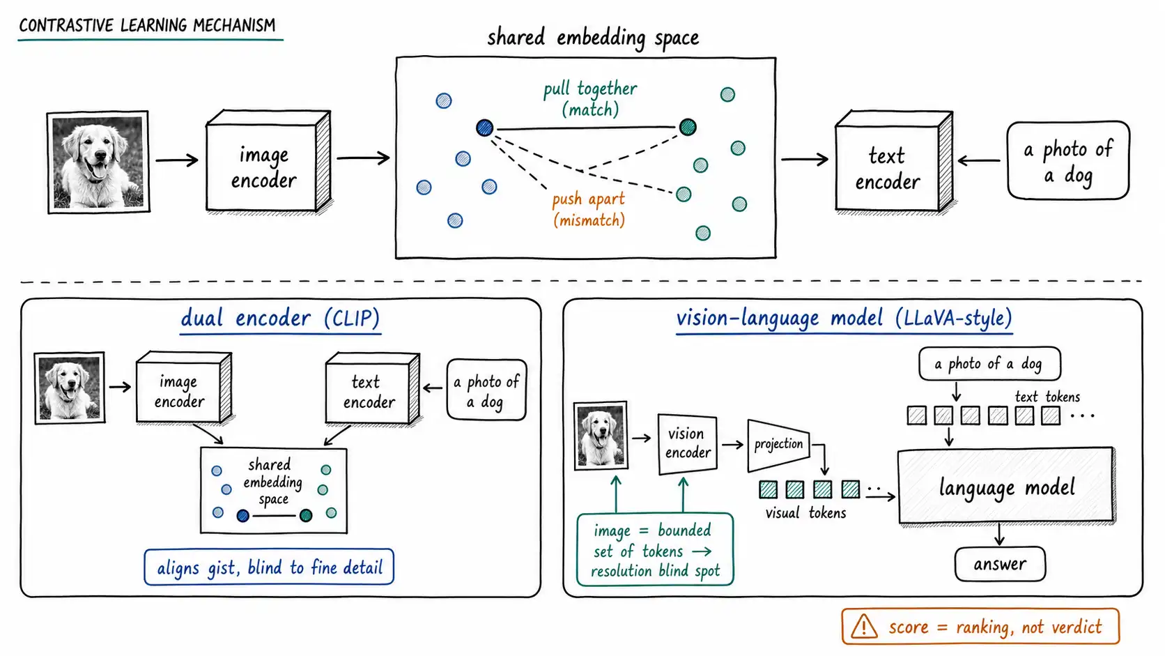 Whiteboard-style technical sketch infographic for Encoders, Contrastive Learning, and Cross-Modal Alignment.
