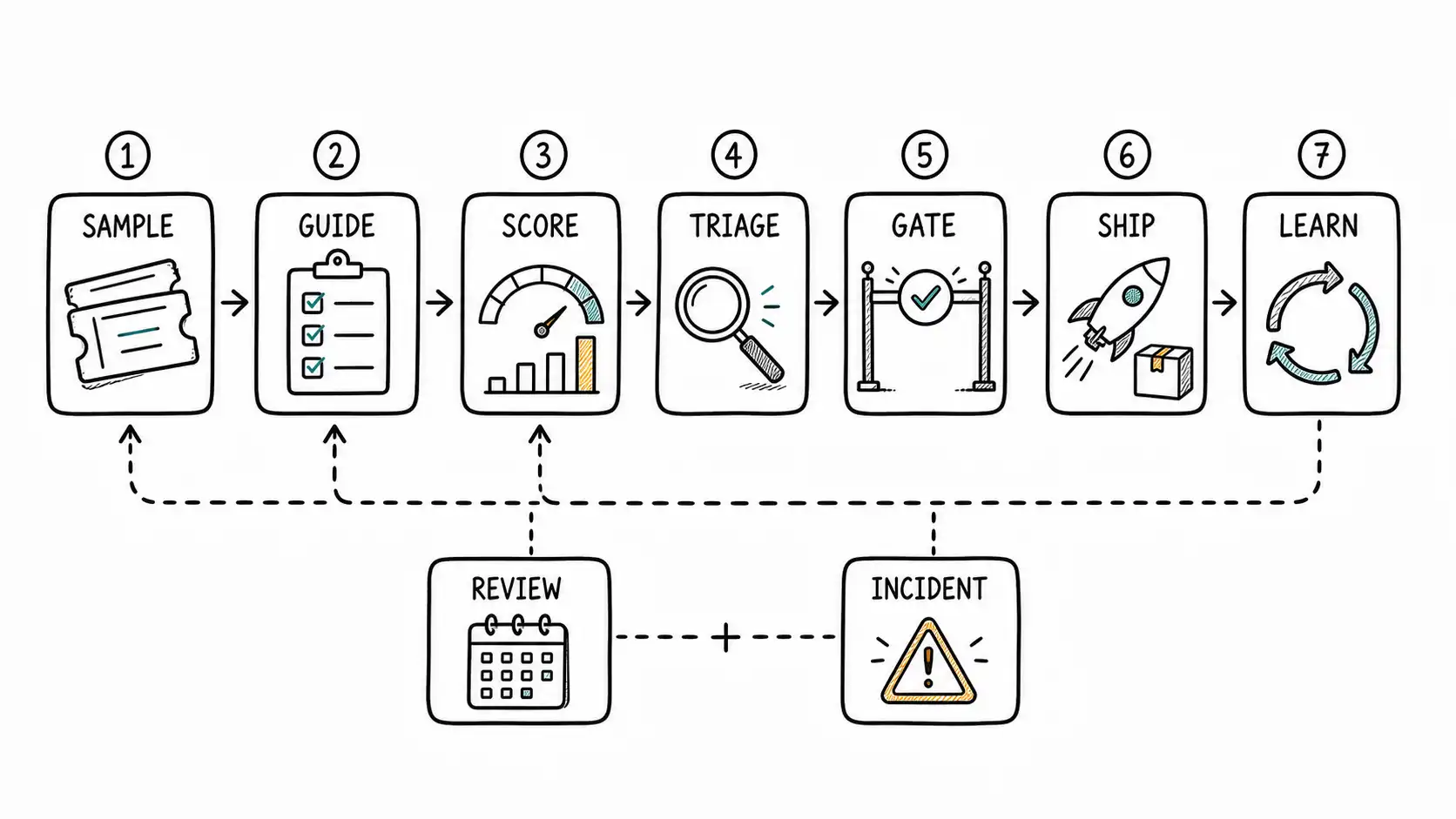 Hand drawn seven step evaluation operating cadence with sample, guide, score, triage, gate, ship, learn, review, and incident trigger.