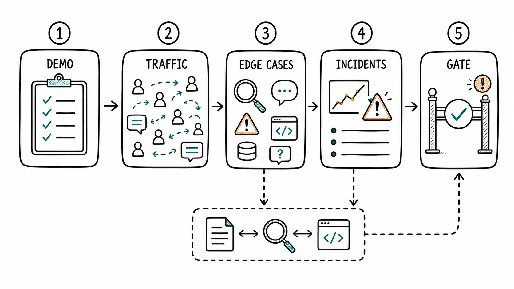 Hand drawn workflow showing demo examples moving through traffic, edge cases, incidents, and a release gate.