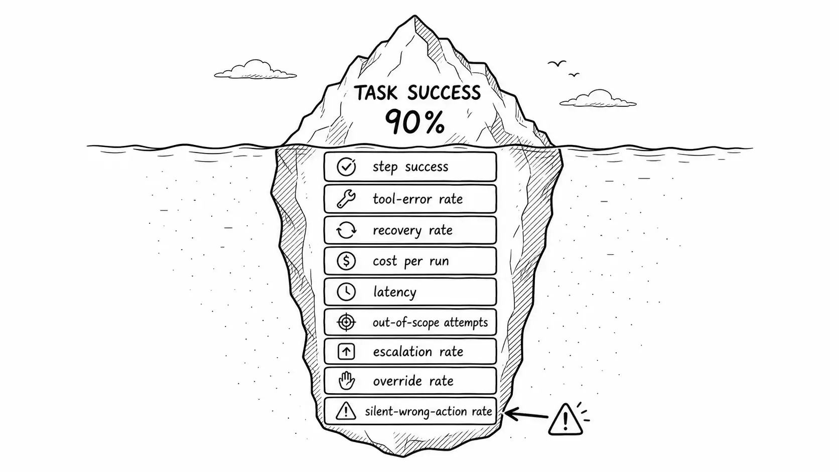 Iceberg with task success above the waterline and hidden path and safety metrics below