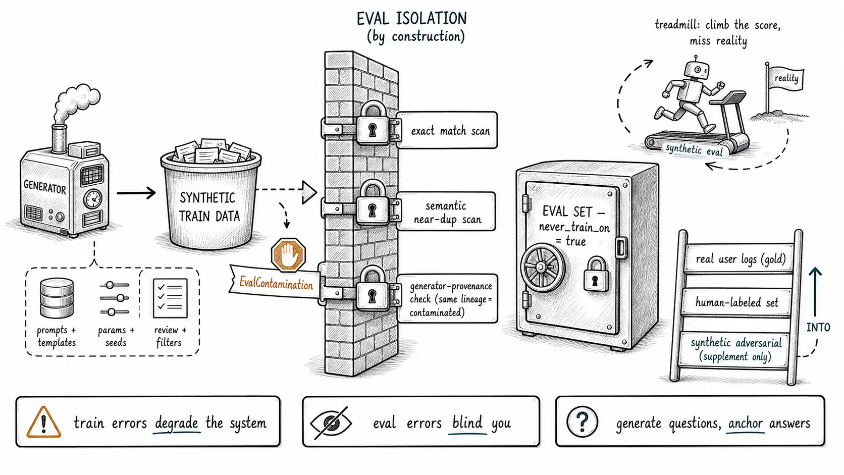 Whiteboard-style technical sketch infographic for Evaluation Is Where Synthetic Data Does the Most Damage.