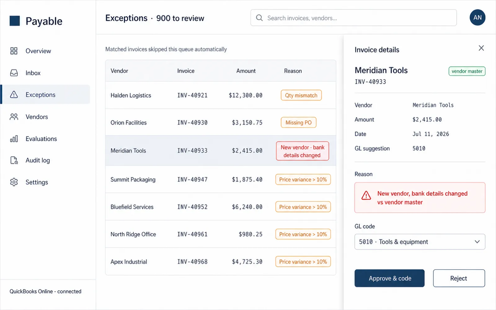 The exception gate stage of the accounts payable console. Illustrative data.