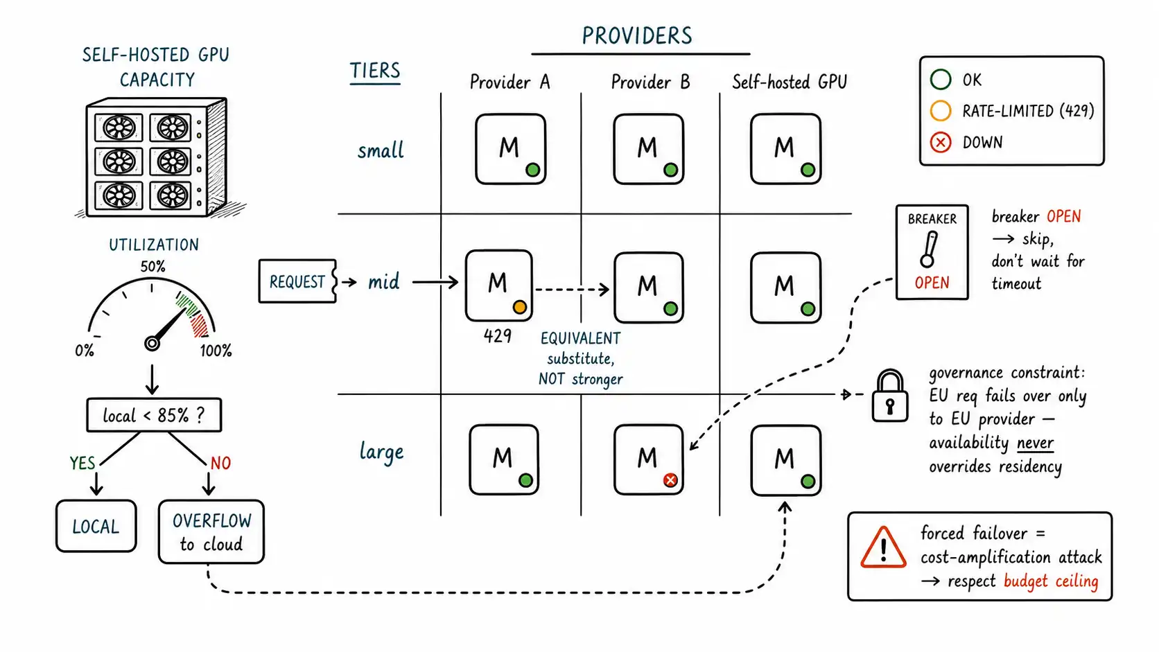 Whiteboard-style technical sketch infographic for Failover, Local-vs-Cloud, and the Provider Mesh.