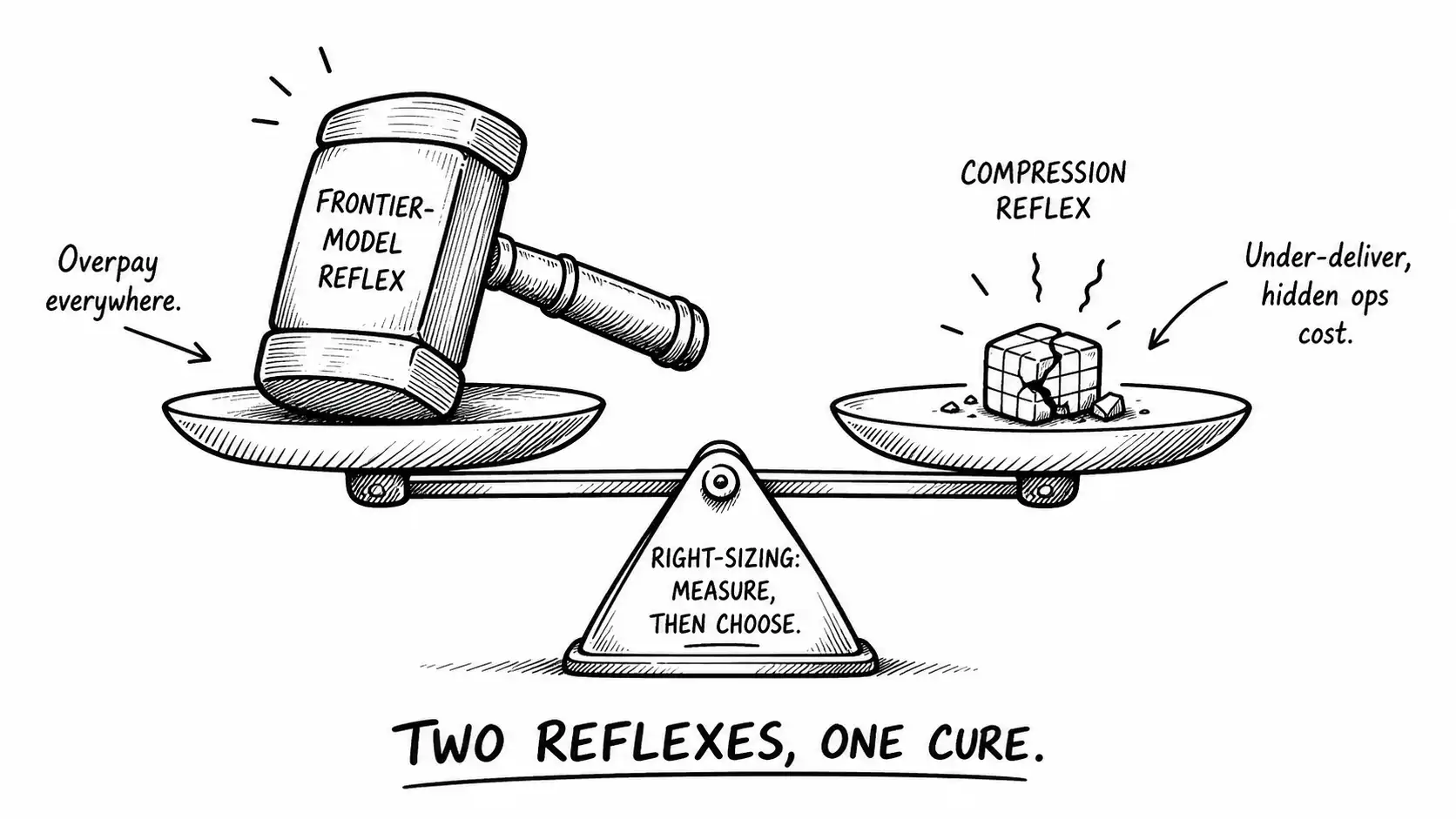 A balance scale weighing the frontier-model reflex against the compression reflex over a right-sizing fulcrum