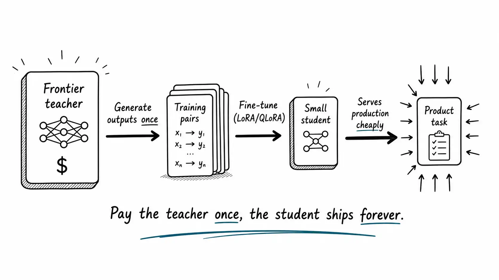 A distillation pipeline from frontier teacher to small student serving production