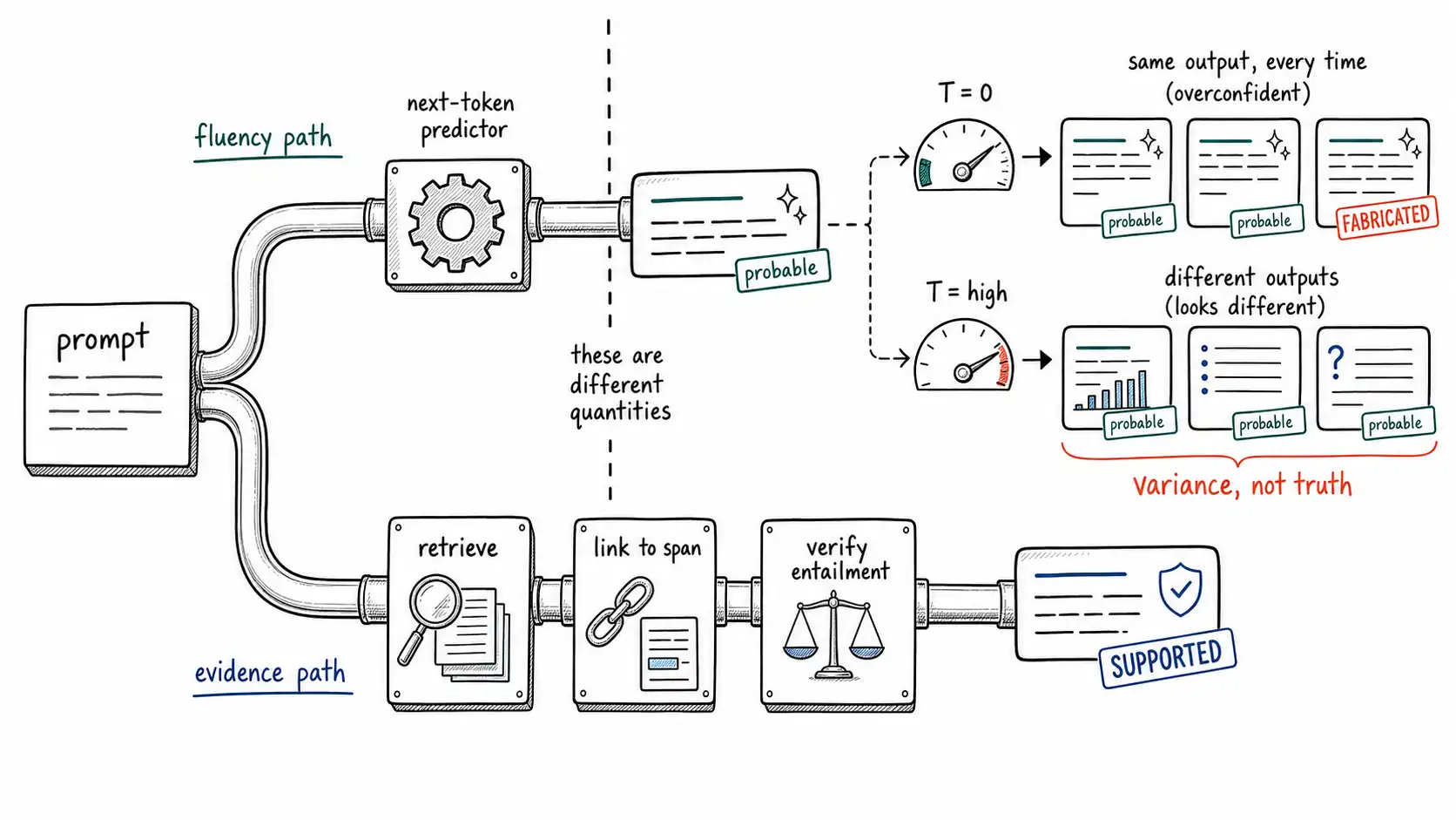 Whiteboard-style technical sketch infographic for Fluency Is Not Evidence.