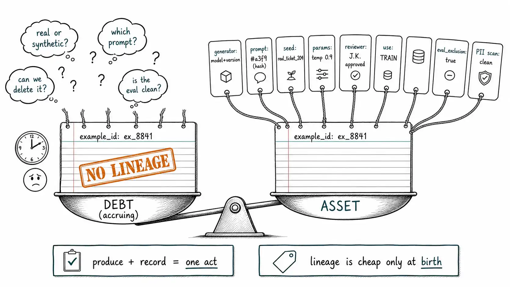 Whiteboard-style technical sketch infographic for Generated Data Without Lineage Is Operational Debt.