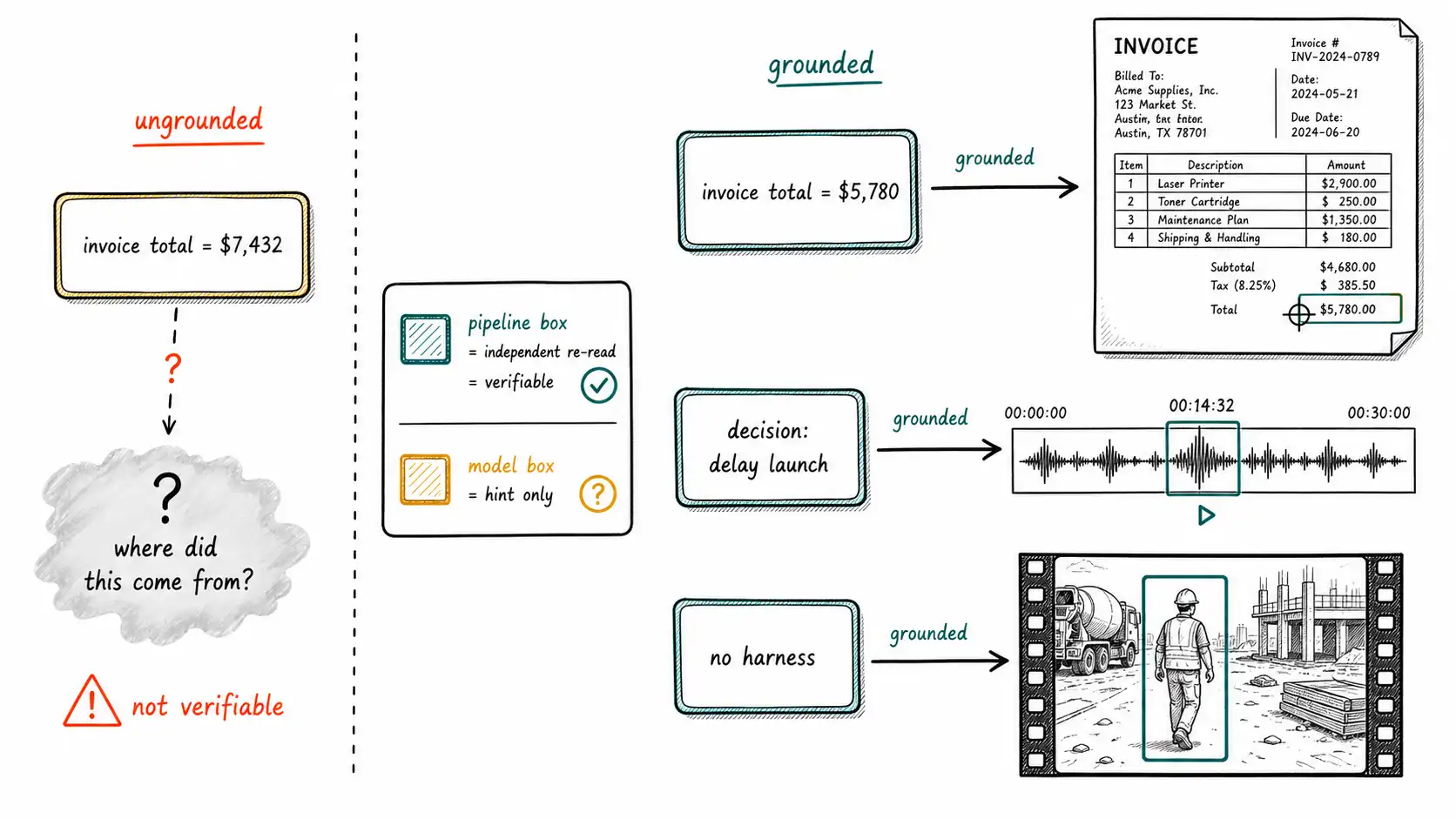 Whiteboard-style technical sketch infographic for Grounding, Bounding Boxes, and Visual Citations.