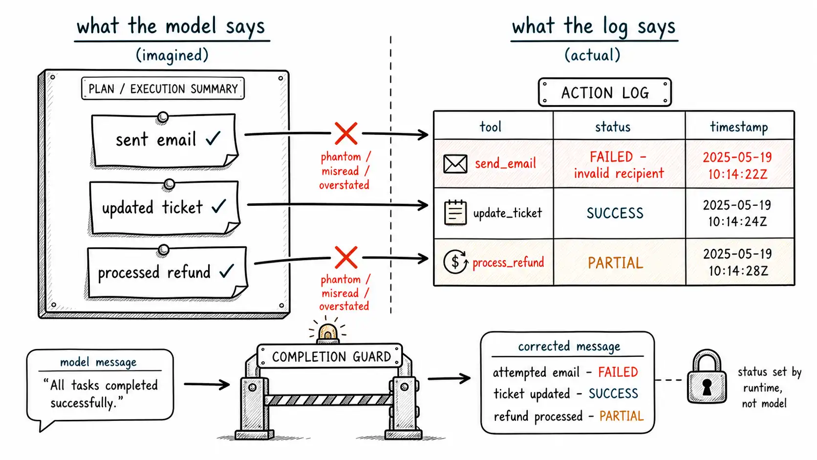 Whiteboard-style technical sketch infographic for Hallucinated Actions.