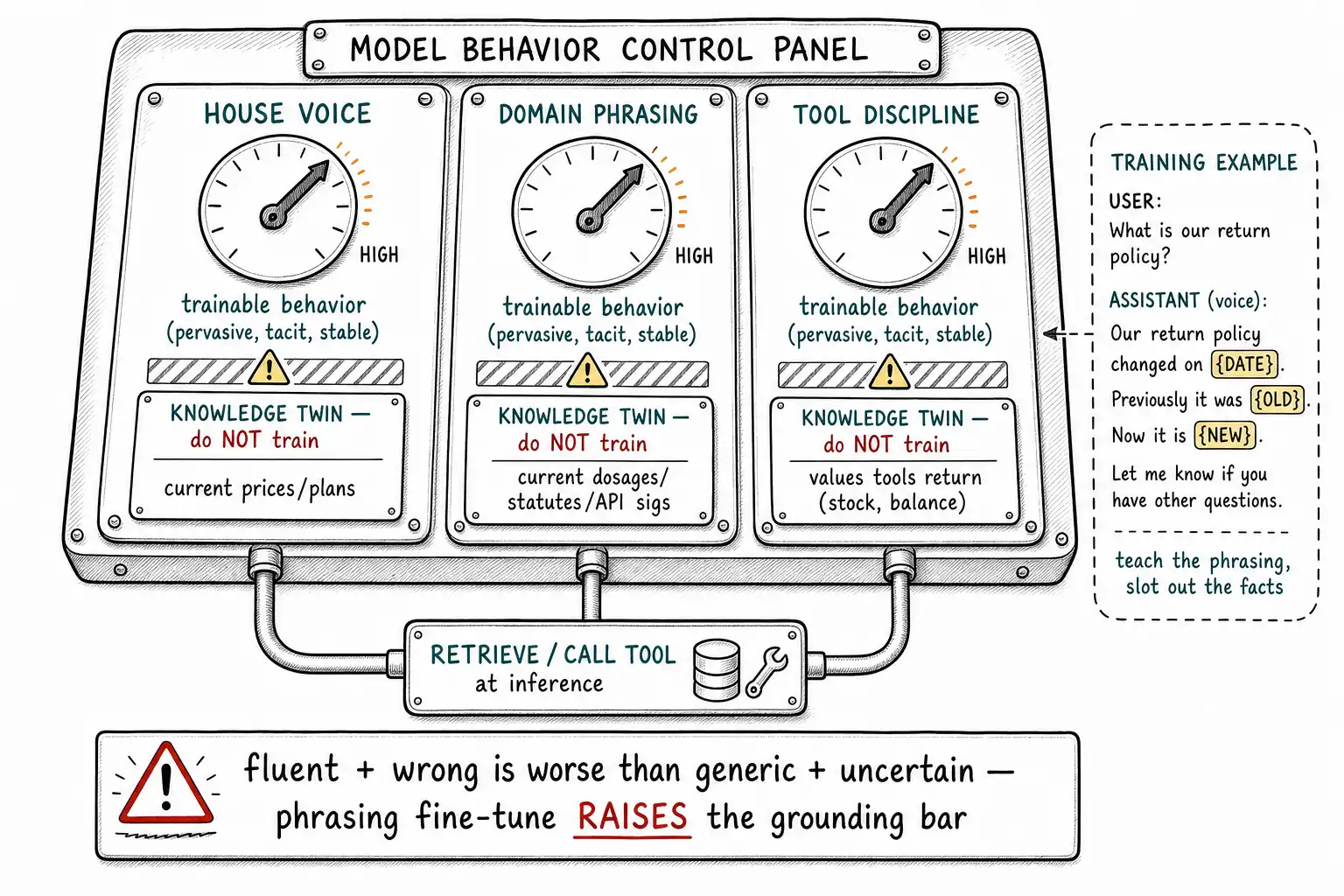 Whiteboard-style technical sketch infographic for House Style, Domain Phrasing, and Tool Discipline.
