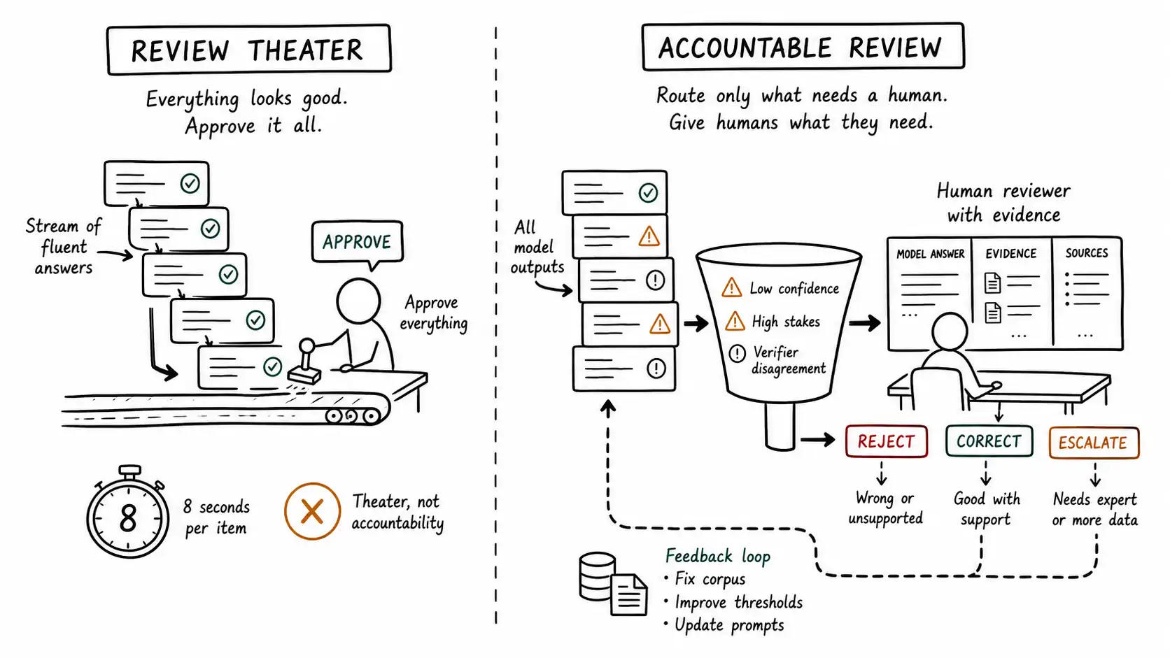 Two workflows contrasting an eight-second rubber-stamp review against a targeted accountable review with evidence panels and a feedback loop