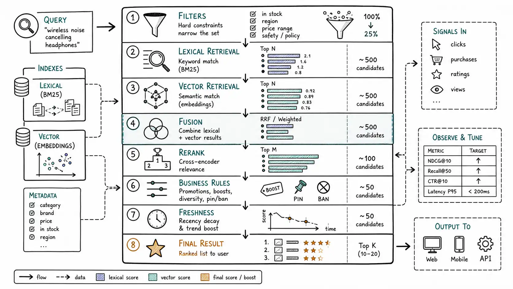 Whiteboard-style technical sketch infographic for Hybrid Search in Production.