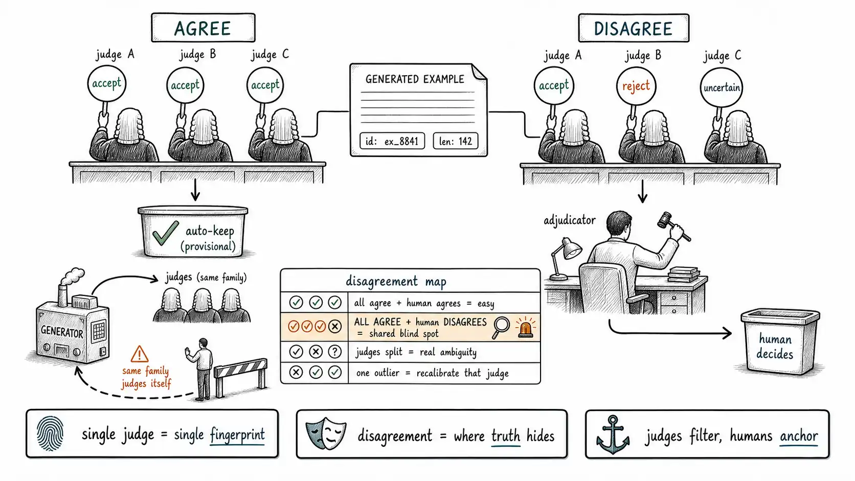 Whiteboard-style technical sketch infographic for Judges Disagree, and That Is the Useful Part.