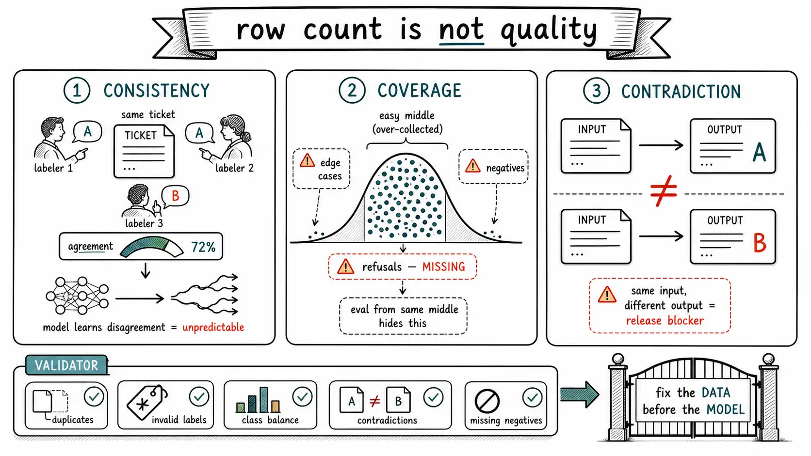 Whiteboard-style technical sketch infographic for Labels, Disagreement, and Coverage.