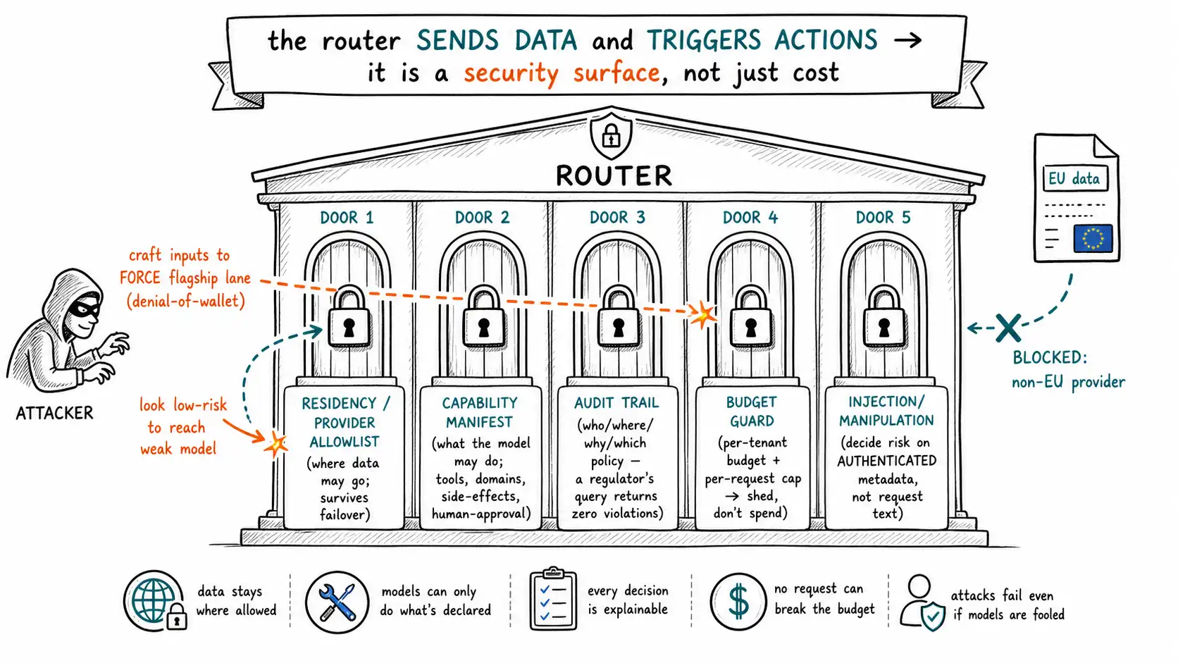 Whiteboard-style technical sketch infographic for Locked Doors: Residency, Permissions, and Abuse.