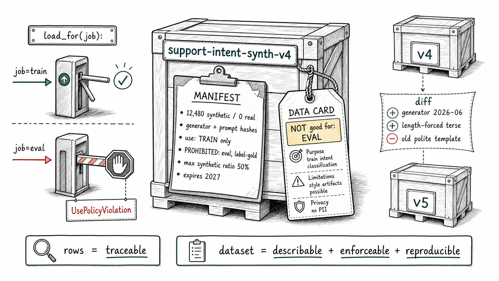 Whiteboard-style technical sketch infographic for Manifests, Data Cards, and the Diff That Regenerates a Dataset.