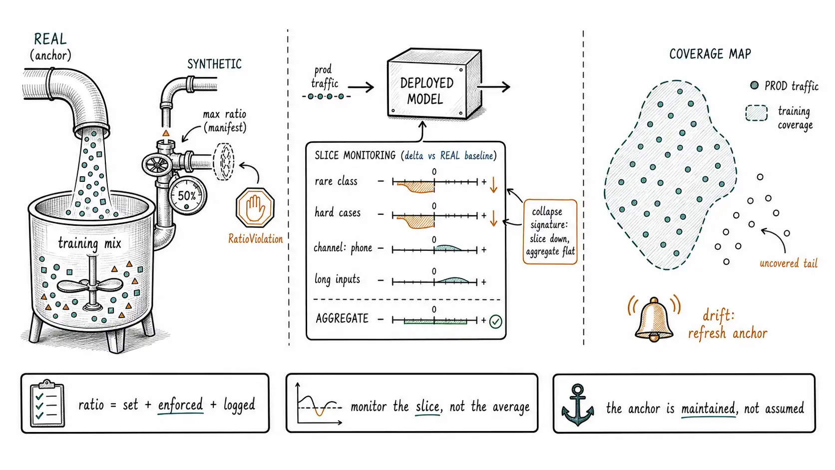 Whiteboard-style technical sketch infographic for Mixture Ratios, Anchors, and Post-Training Monitoring.